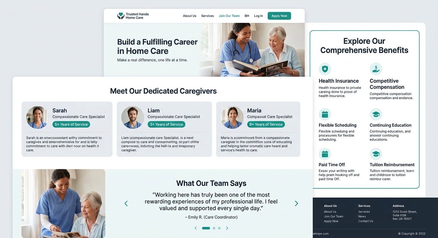 example careers page layout for a home care agency showing named caregiver photos with tenure badges, a benefits sidebar listing health insurance and tuition reimbursement, and a prominent What Our Te