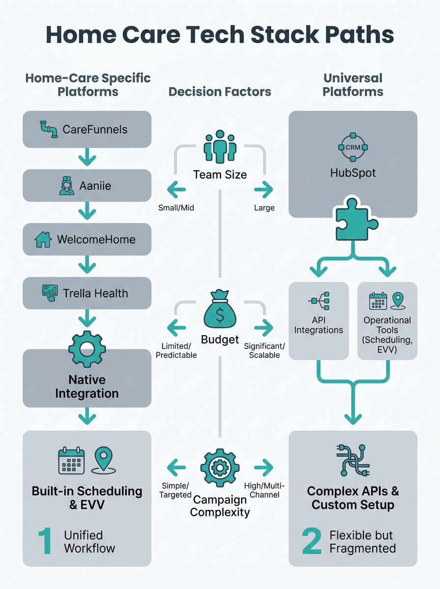 An infographic comparing two home care agency tech stack paths - one showing home-care-specific platforms (CareFunnels, Aaniie, WelcomeHome, Trella Health) with built-in scheduling and EVV features co