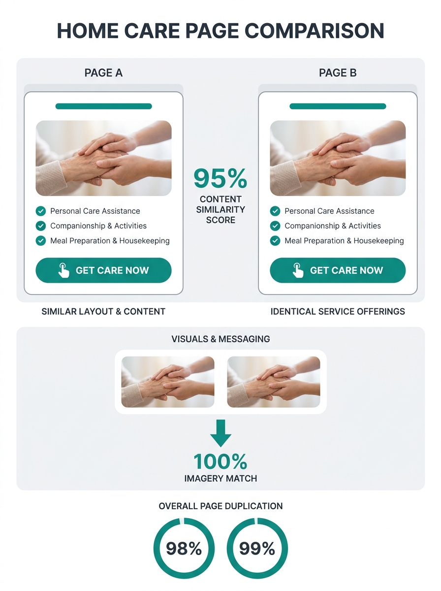 side-by-side comparison of two generic home care service pages showing nearly identical layouts, stock photos of elderly hands being held, and identical service bullet point lists