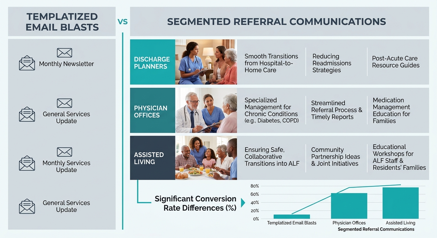 Infographic comparing templatized email blasts versus segmented referral communications, showing three referral source types (discharge planners, physician offices, assisted living) with different con