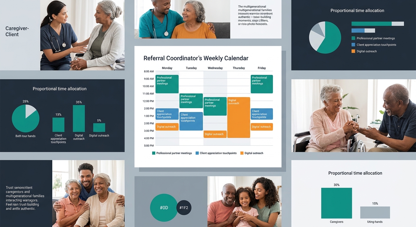 illustration showing a referral coordinator's weekly calendar with color-coded blocks for professional partner meetings in green, client appreciation touchpoints in blue, and digital outreach in orang