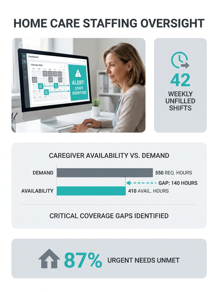 Home care agency coordinator reviewing caregiver schedules on a computer dashboard with staff shortage gaps highlighted