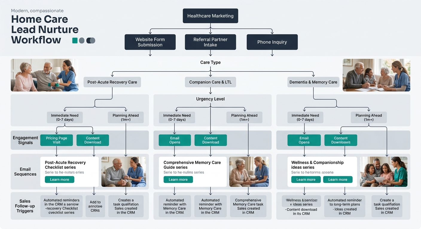 A flowchart illustrating a home care lead nurture workflow with three entry points (website form, referral partner intake, phone inquiry) branching by care type (post-acute, companion, dementia), urge