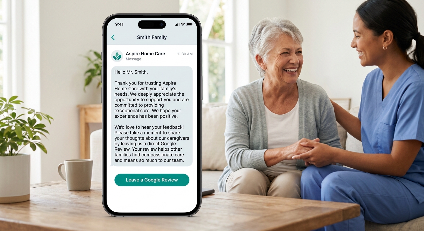 a smartphone screen displaying an example SMS review request message from a home care agency, showing personalized greeting with client family name, brief thank-you message, and a prominent direct Goo