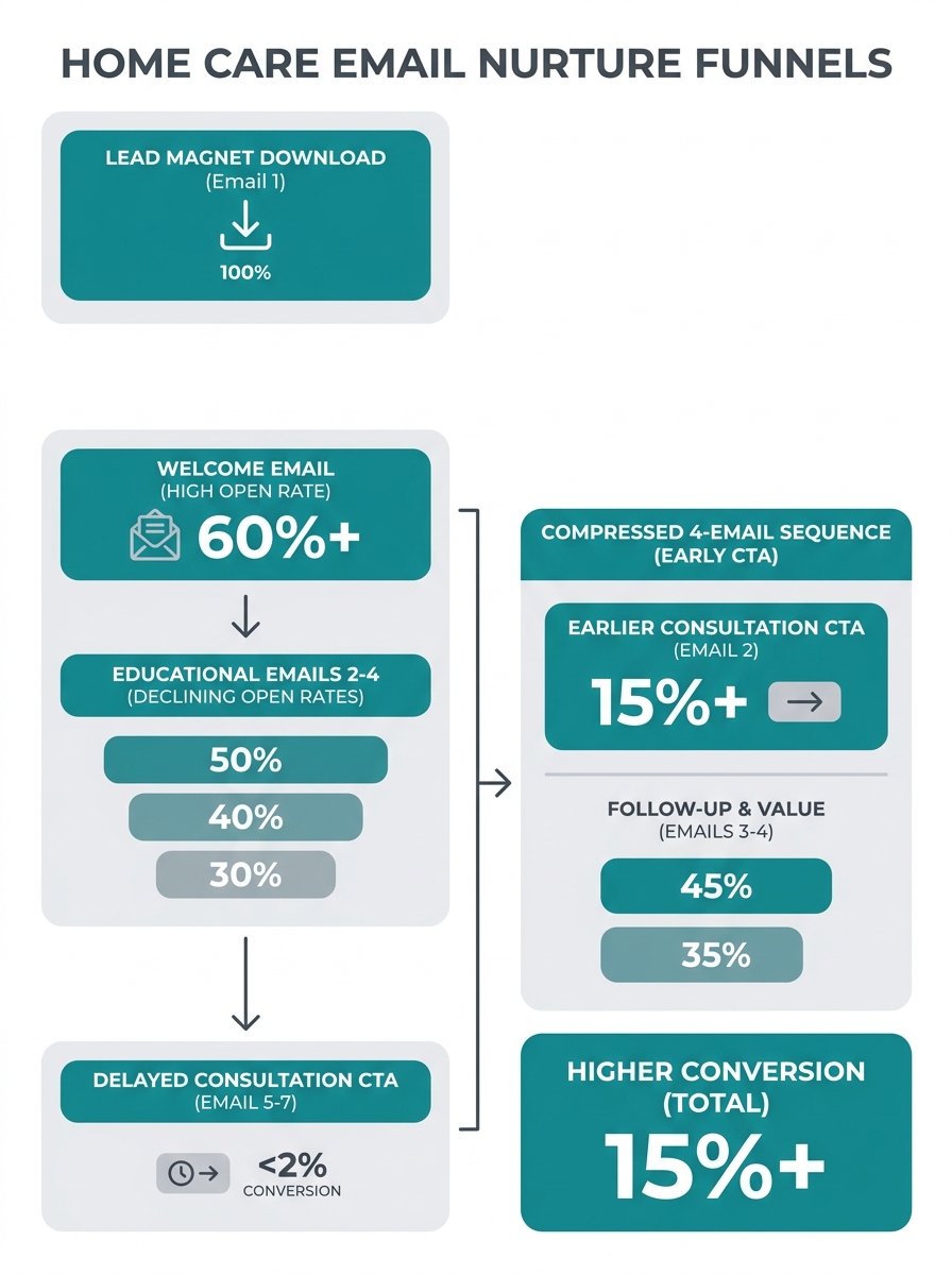 infographic showing the typical home care email nurture funnel — lead magnet download at top, then welcome email, educational emails 2-4 with declining open rate bars, delayed consultation CTA at emai