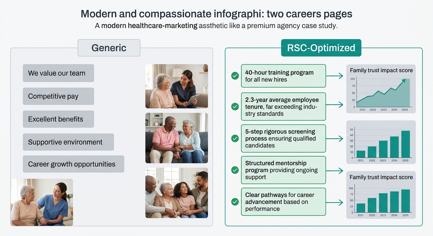 An infographic comparing two careers pages side by side—the left labeled "Generic" shows vague phrases like "We value our team" and "Competitive pay" in gray boxes, while the right labeled "RSC-Optimi