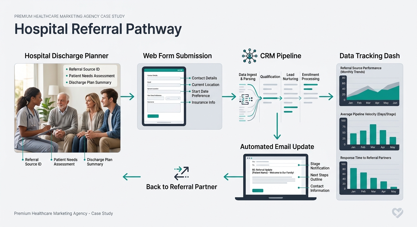a flowchart showing how a referral moves from a hospital discharge planner through a web form submission, into a CRM pipeline, triggering an automated email update back to the referral partner, with d
