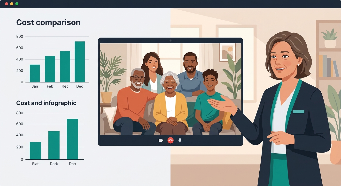 A warm illustration of a care advisor on a video call with a family, with a split screen showing cost comparison data on one side and the advisor gesturing toward specific numbers on the other