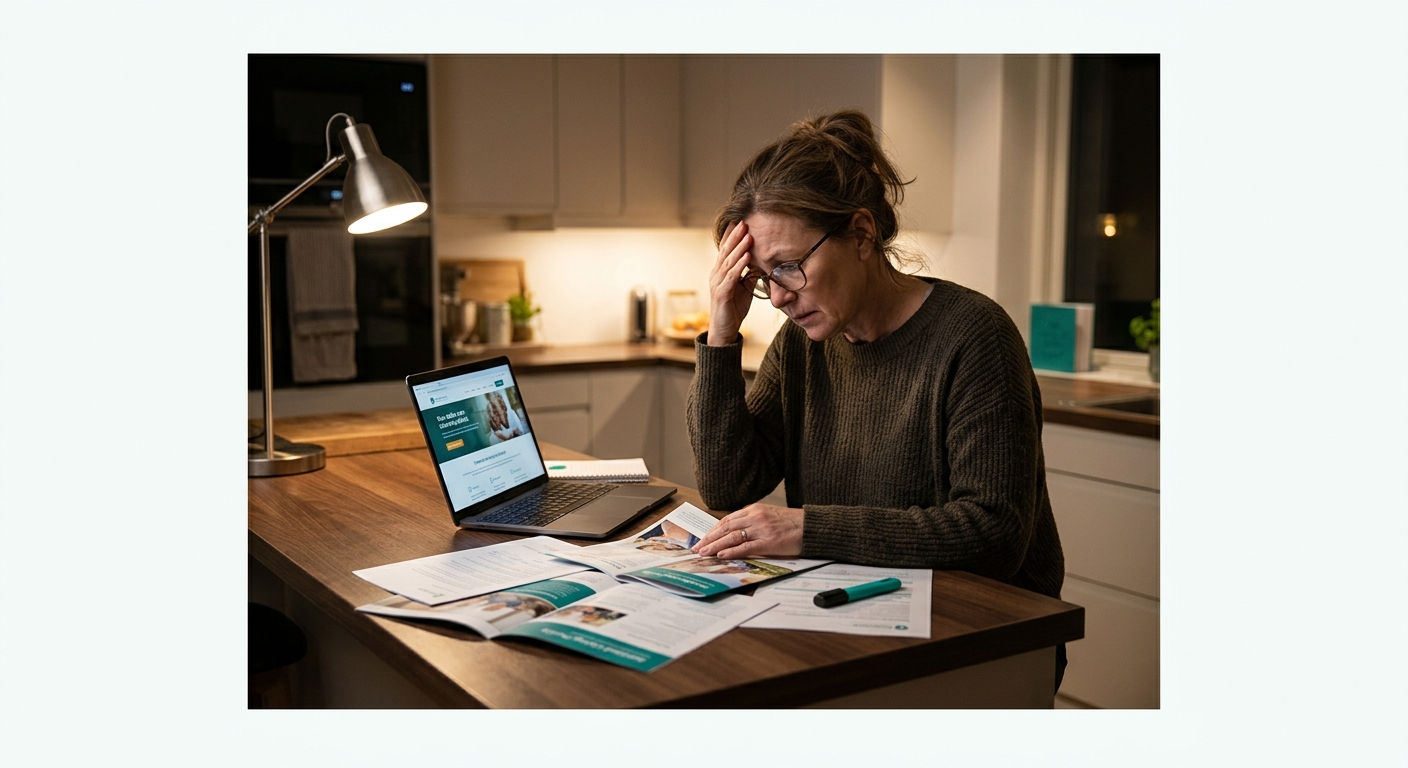 An adult daughter in her 50s sitting at a kitchen table at night with a laptop open, brochures spread around her, looking stressed and overwhelmed — representing the real decision-maker in assisted li