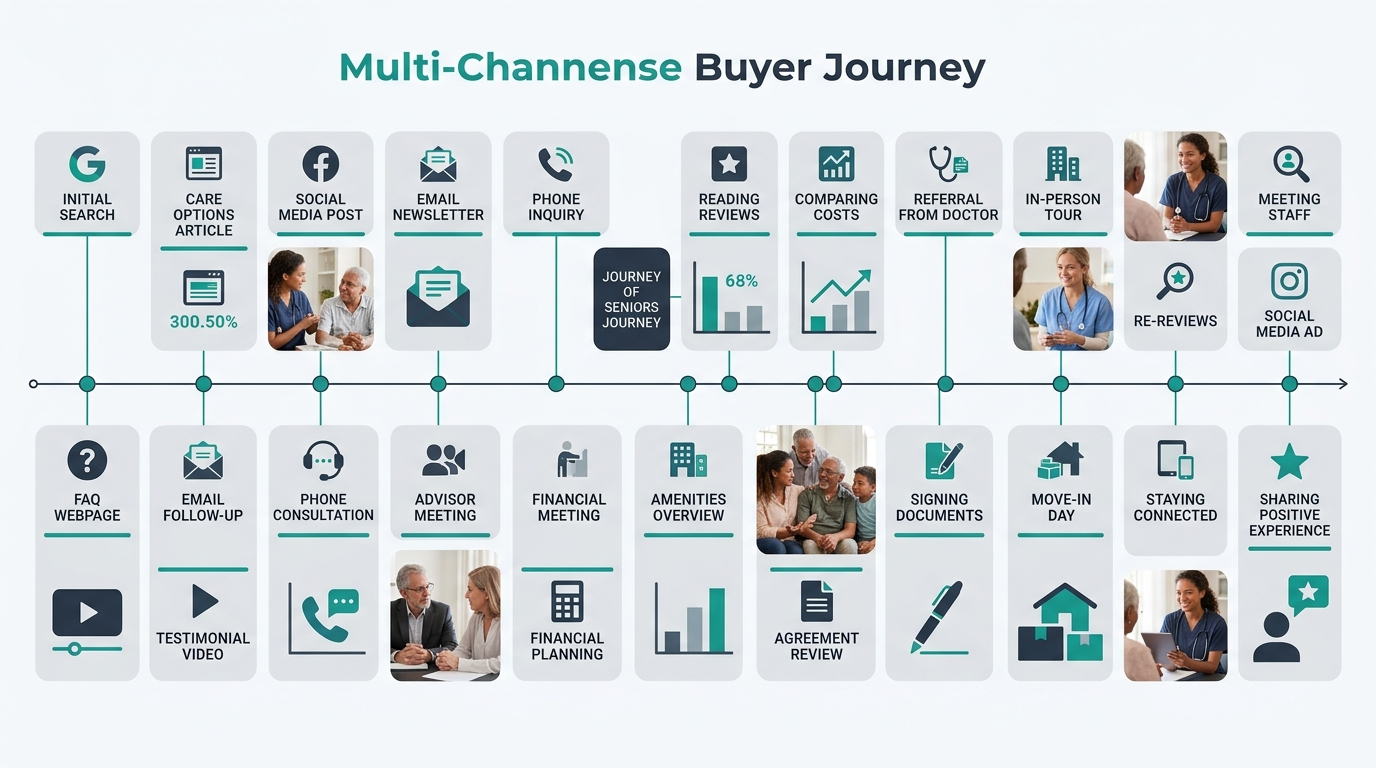 a horizontal timeline showing 25 numbered touchpoint icons across different channels including Google search, social media, email, phone call, in-person tour, referral, and review sites, illustrating 