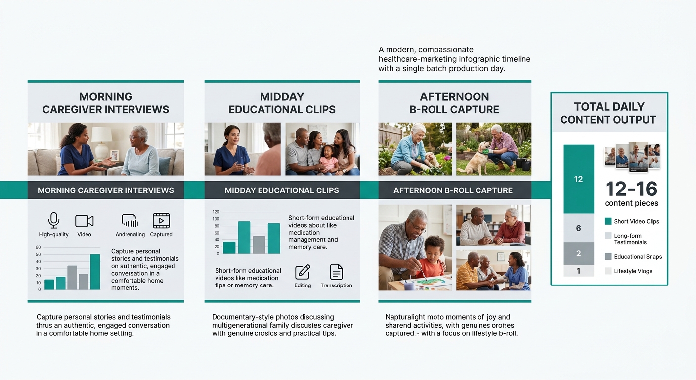 a timeline graphic showing a single batch production day broken into segments - morning caregiver interviews, midday educational clips, afternoon B-roll capture - with the total output of 12-16 conten