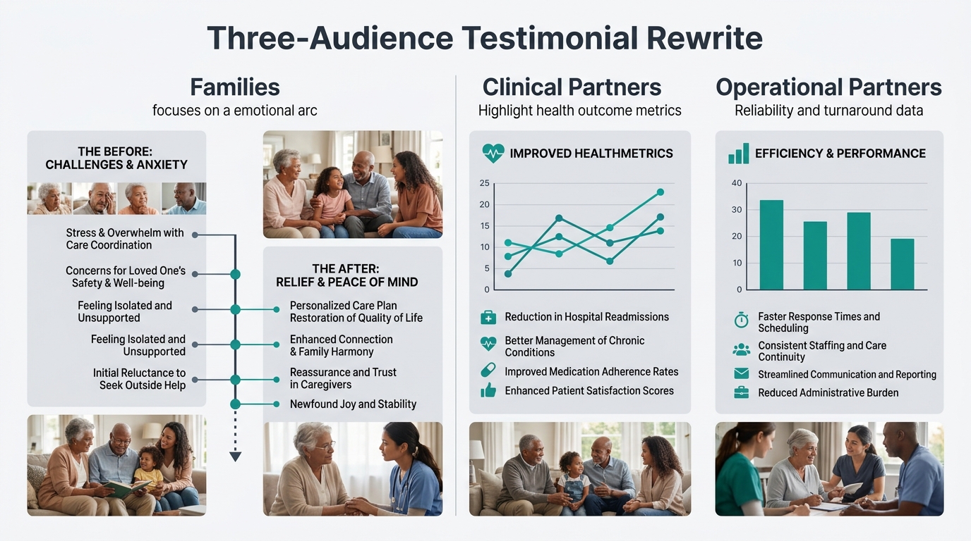 An infographic showing the Three-Audience Testimonial Rewrite framework with three parallel columns labeled Families with an emotional arc, Clinical Partners with health outcome metrics, and Operation