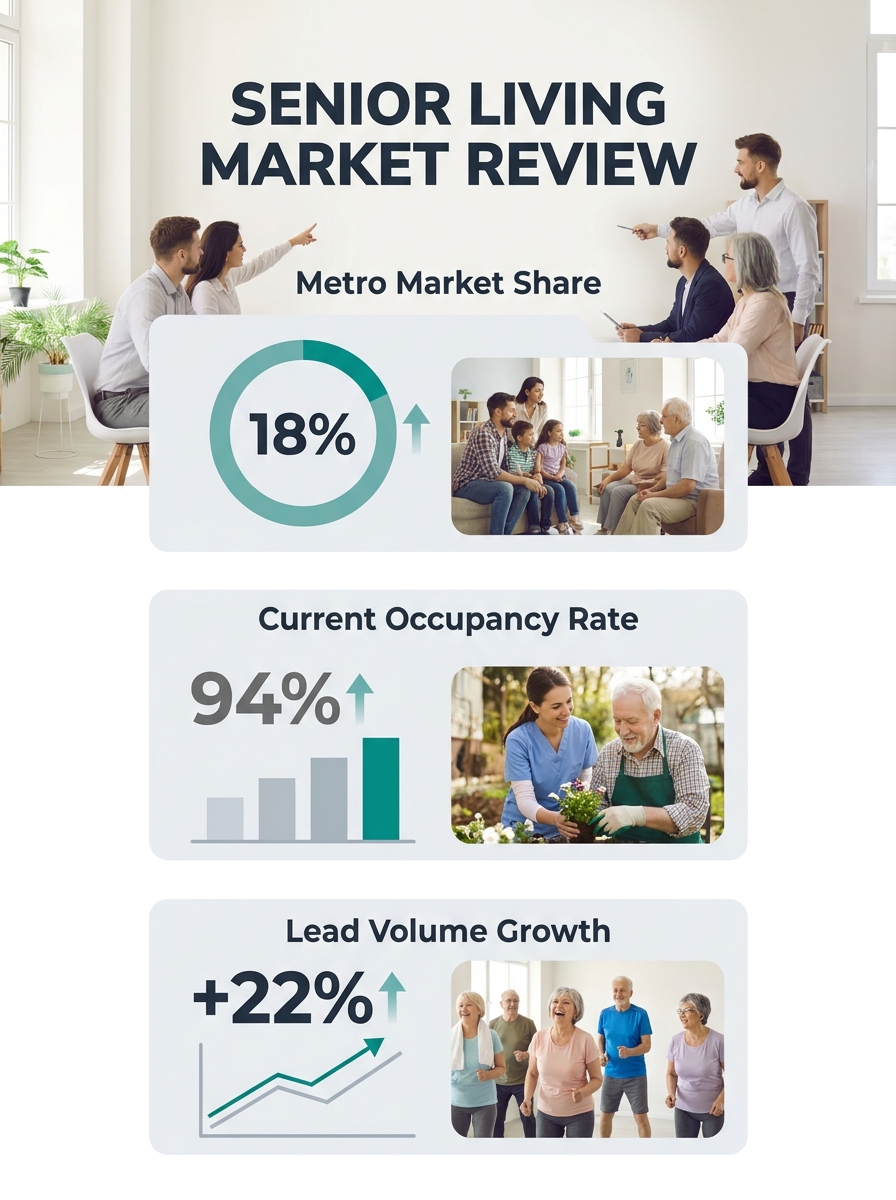 Senior living marketing team reviewing metro market penetration data on computer screens in modern office