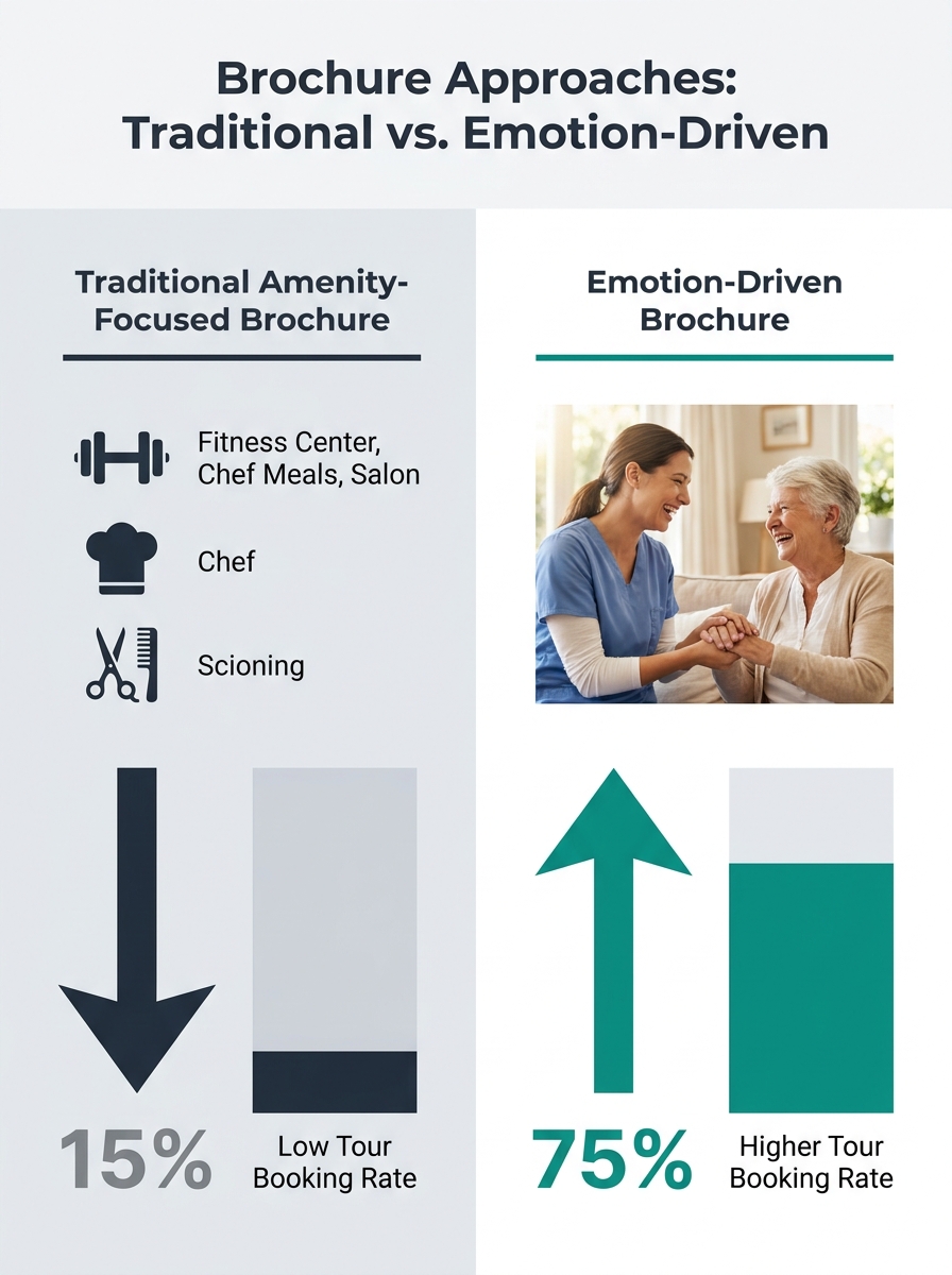 Infographic comparing two assisted living brochure approaches side by side — left side shows traditional amenity-focused brochure with features like "fitness center, chef meals, salon" and low engagem