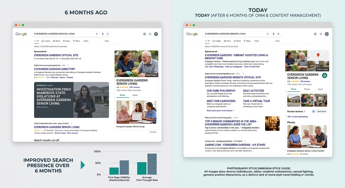 A split-screen comparison showing a Google search results page for a senior care facility name — left side dominated by a negative news article at position 3, right side showing the same search 6 mont