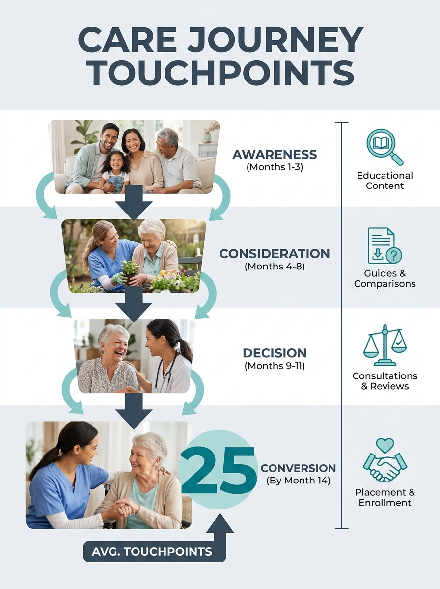infographic showing a vertical funnel with four stages (awareness, consideration, decision, conversion) mapped against a 14-month timeline, with icons showing content types at each stage and the 25-to