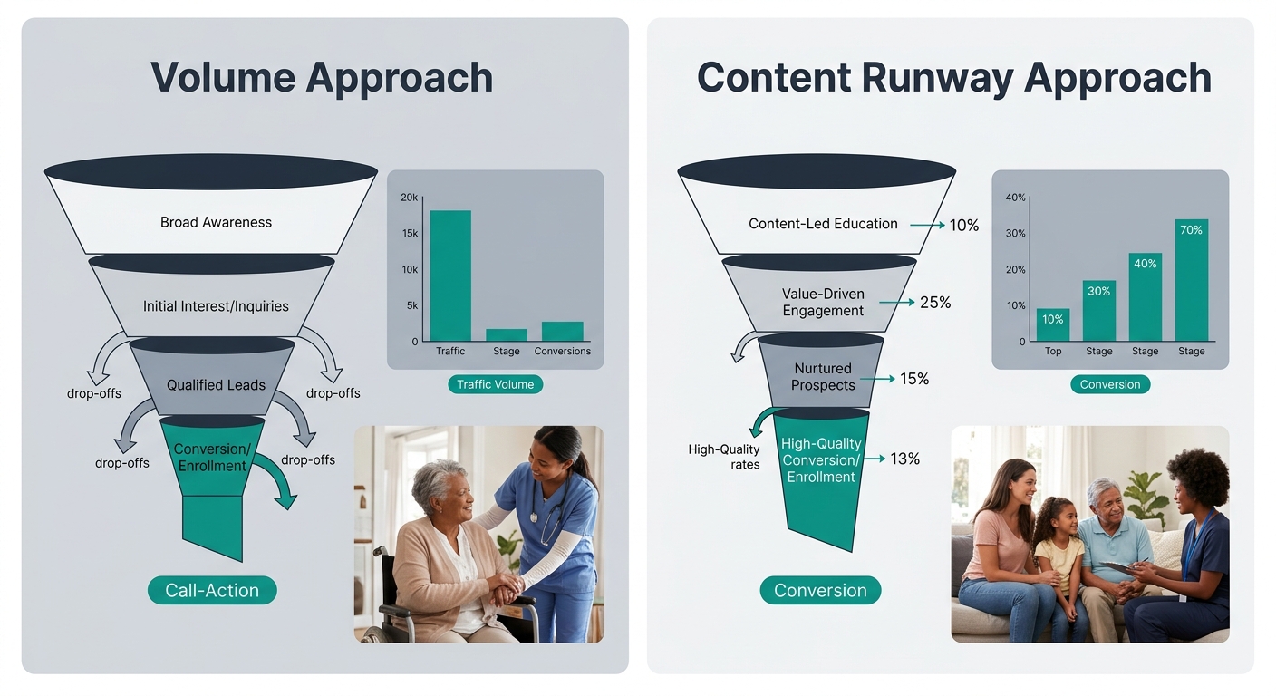 A side-by-side comparison illustration showing two paths — one labeled "Volume Approach" with a wide funnel and many drop-offs, and one labeled "Content Runway Approach" with a narrower funnel but hig