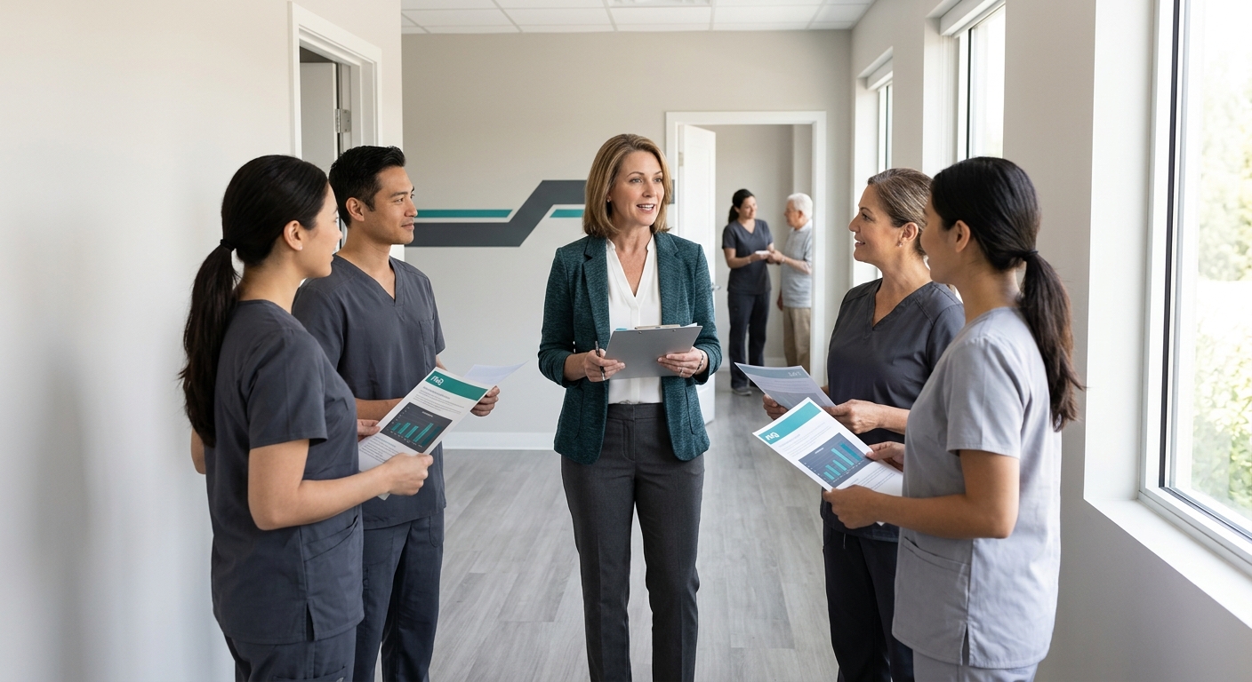 A professional scene showing a senior care administrator conducting a brief staff huddle in a facility hallway, with caregivers listening attentively and holding printed FAQ sheets