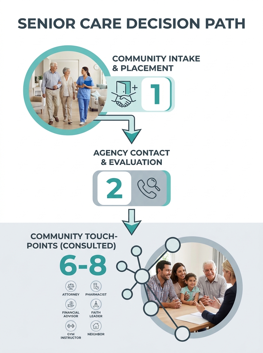 A flowchart showing a family's senior care decision path, tracing backward from intake to the 6-8 community touchpoints (attorney, pharmacist, financial advisor, faith leader, gym instructor, neighbor