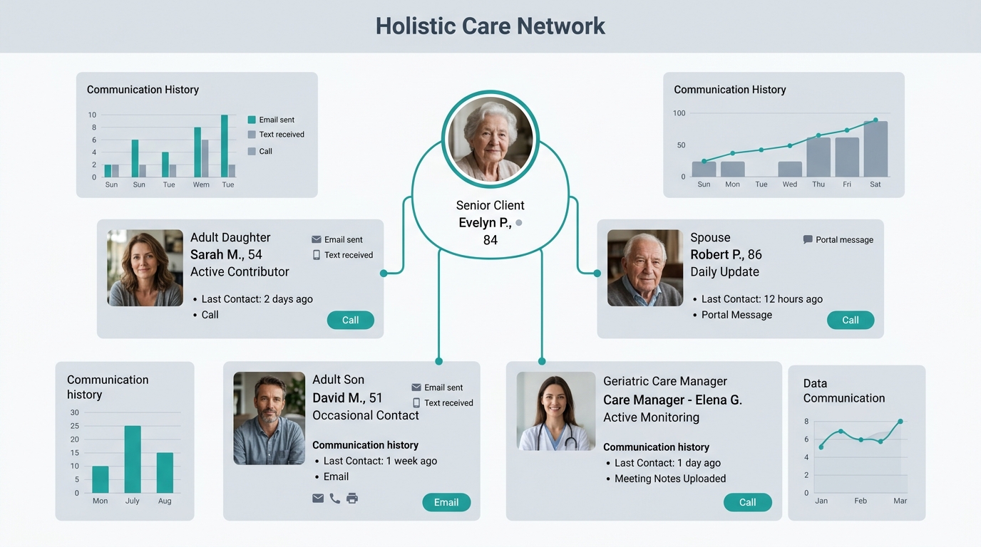 a CRM-style family record diagram showing interconnected contacts (adult daughter, adult son, spouse, geriatric care manager) linked to a single senior profile, with status indicators for each person'