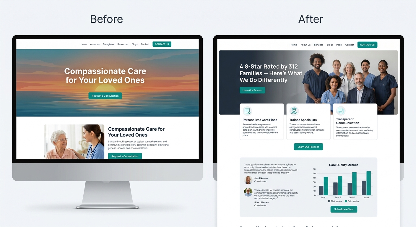 A website mockup showing a senior care homepage before and after a copy rewrite — the 'before' version has large text reading 'Compassionate Care for Your Loved Ones' with a stock sunset photo, while