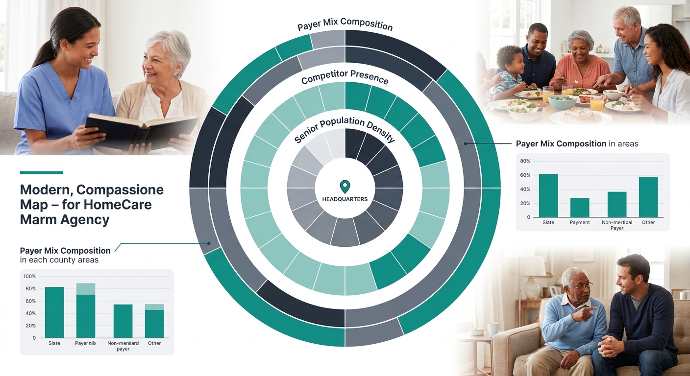 a map-style diagram showing concentric rings around a home care agency's headquarters, with color-coded zones indicating senior population density, competitor presence, and payer mix composition in su