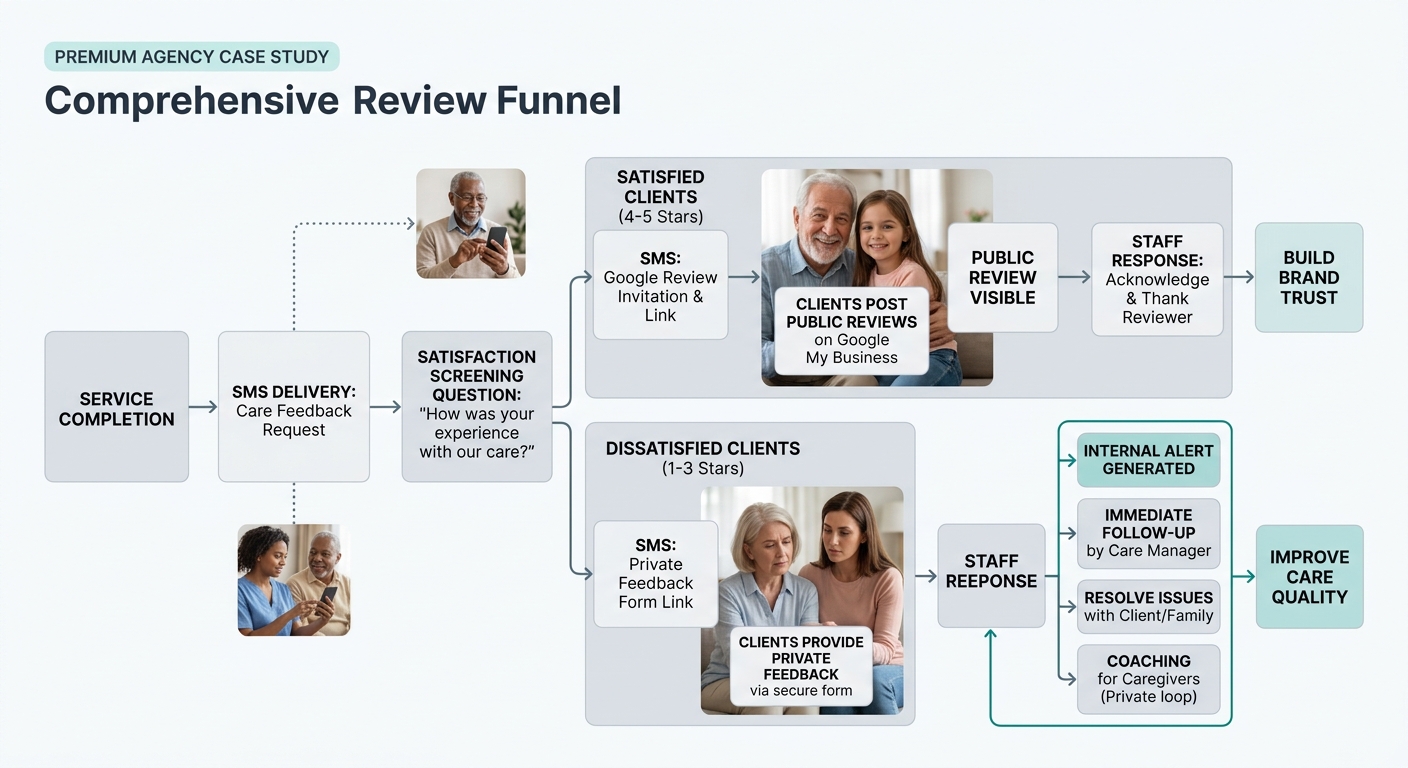a flowchart diagram illustrating the review funnel process for a senior care agency - starting from service completion trigger, flowing through SMS delivery, satisfaction screening question, then bran