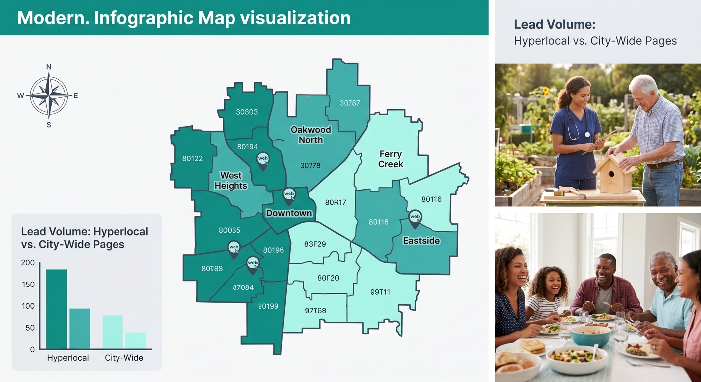 A map visualization showing ZIP code clusters within a metro area, with color-coded zones indicating lead volume differences between hyperlocal neighborhood pages versus a single city-wide page