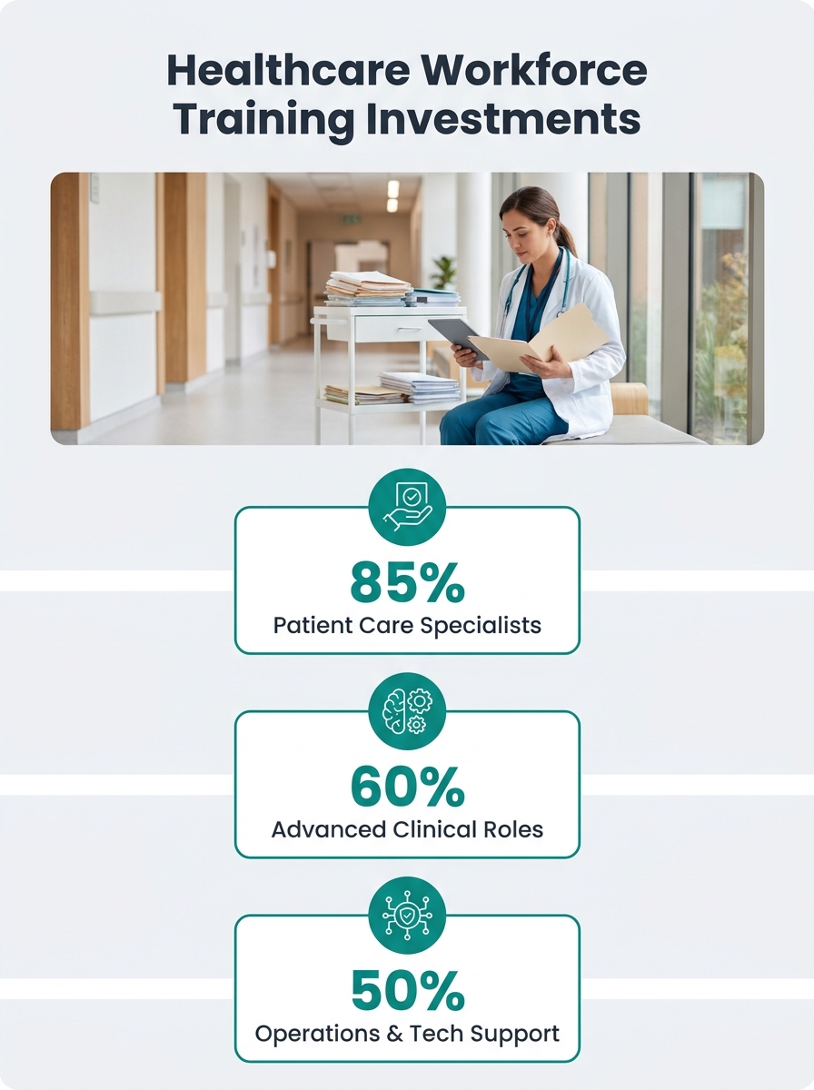 Clinical staff member reviewing patient charts in hospital corridor, representing healthcare workforce roles hospitals are now funding training programs to fill