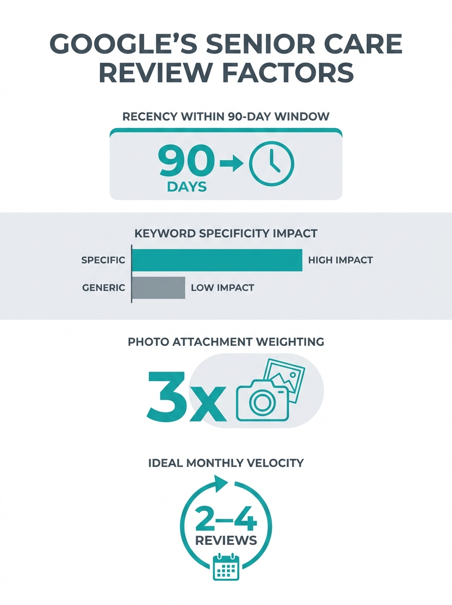 infographic showing Google's review ranking factors for local senior care businesses - a visual breakdown of recency weighting within 90-day window, keyword specificity impact, photo attachment carryi