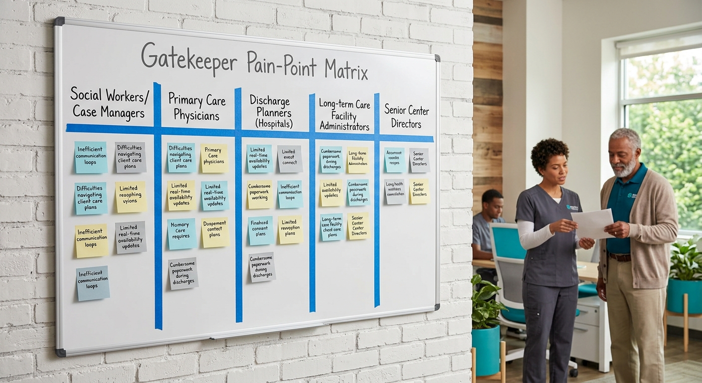 a wall-mounted whiteboard in a home care agency office showing a handwritten gatekeeper pain-point matrix with sticky notes organized in columns by referral source type