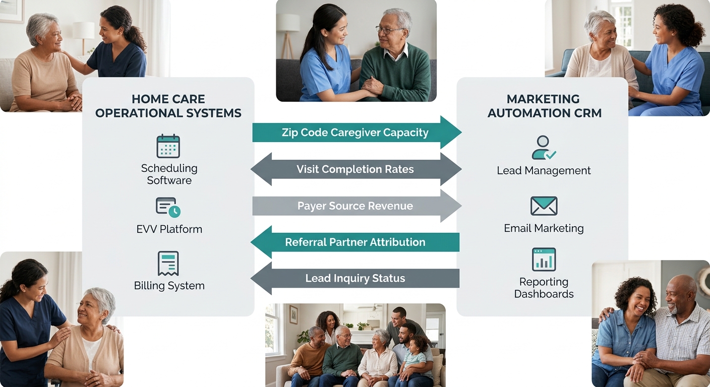 A diagram showing data flow between home care operational systems (scheduling software, EVV platform, billing system) and a marketing automation CRM, with labeled arrows indicating specific data point