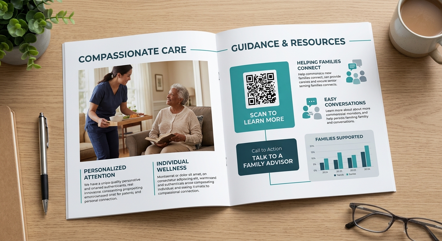A modern assisted living marketing brochure spread open on a desk, showing warm photography of a real resident with a caregiver, alongside a QR code and a "Talk to a Family Advisor" call-to-action — r