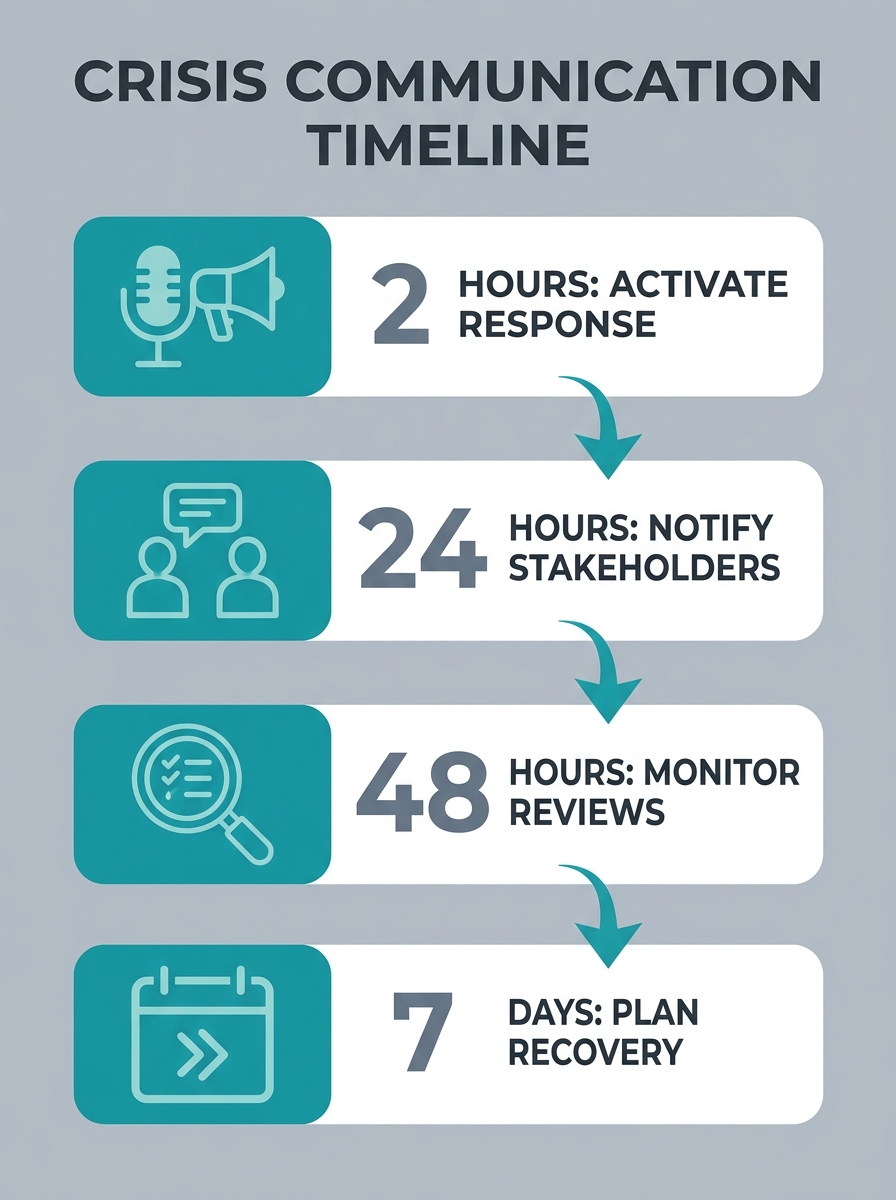 Infographic showing a crisis communication timeline with key actions mapped across the first 2 hours, 24 hours, 48 hours, and 7 days, including spokesperson activation, holding statement release, fami