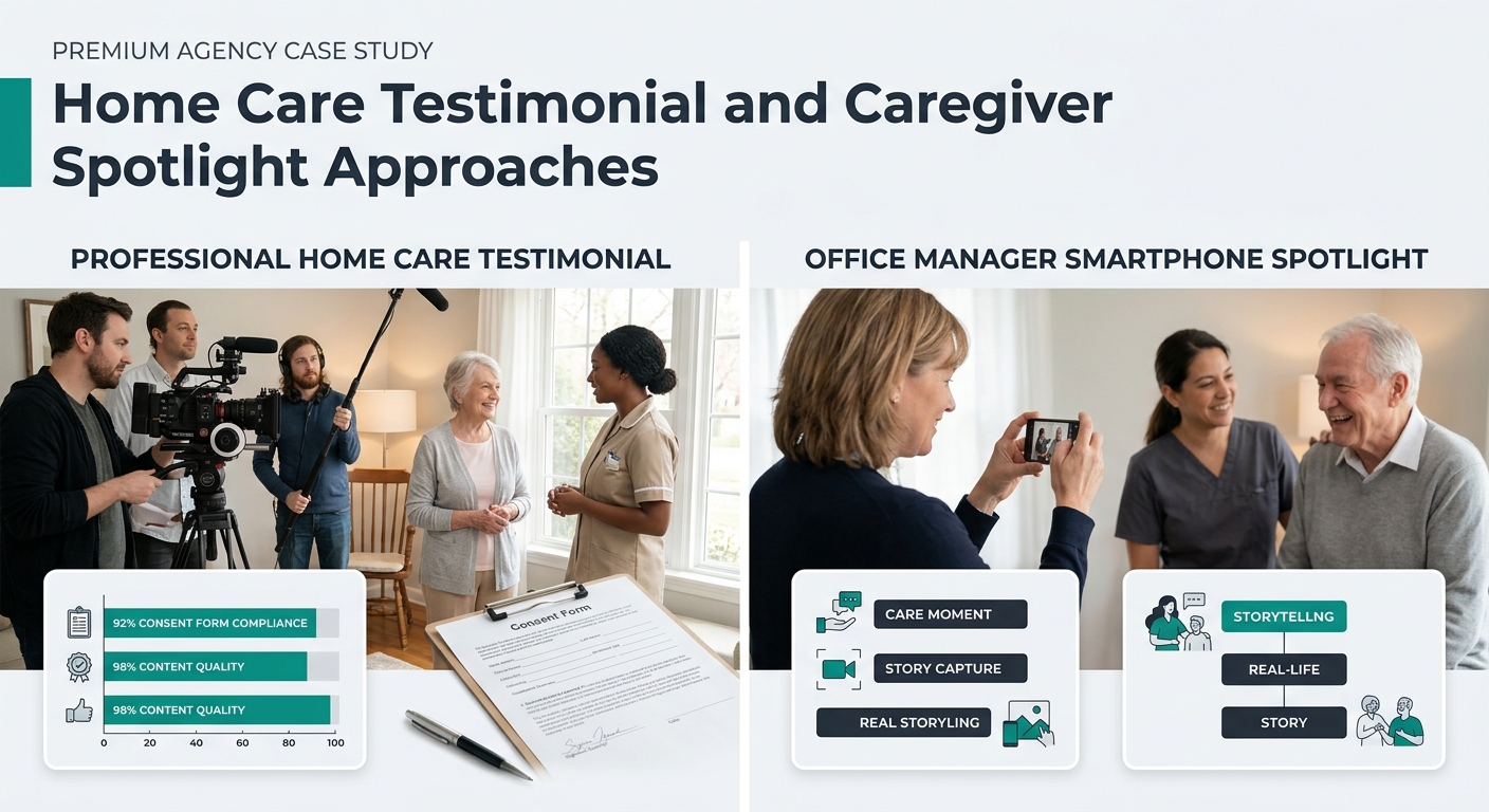 split-screen comparison showing a professional video crew filming a home care testimonial on the left with proper lighting, consent forms, and compliance oversight, versus an office manager filming a
