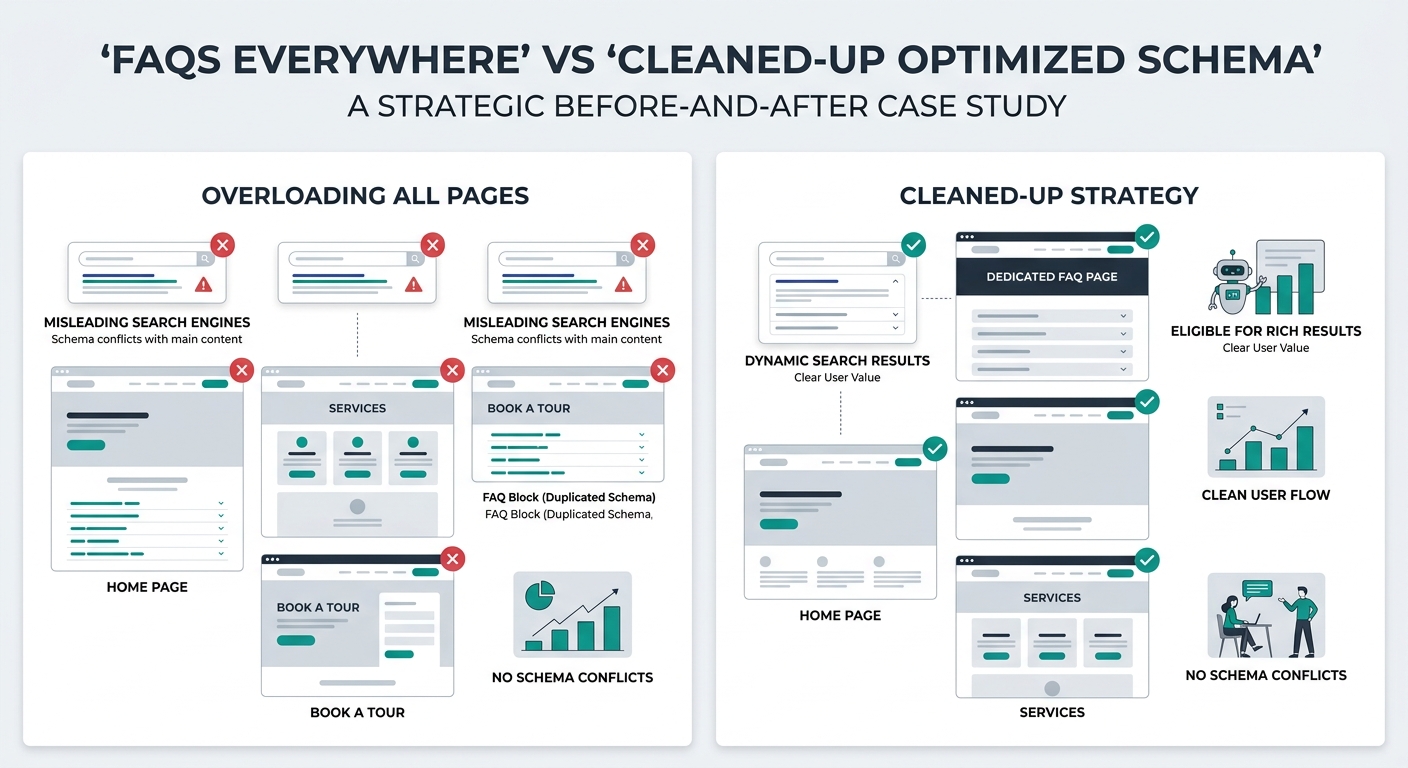 a before-and-after comparison showing a senior care website with FAQ schema on every page versus a cleaned-up version with FAQ schema only on dedicated FAQ pages, with check marks and X marks indicati
