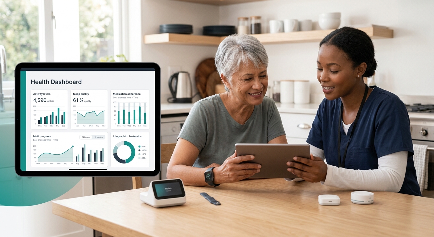 Modern smart home technology devices on a table showing health monitoring dashboard for aging in place