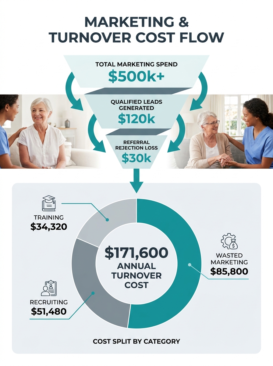 Infographic showing the flow of money from marketing spend through lead generation to referral rejection, with a visual breakdown of $171,600 annual turnover cost split into recruiting, training, and 