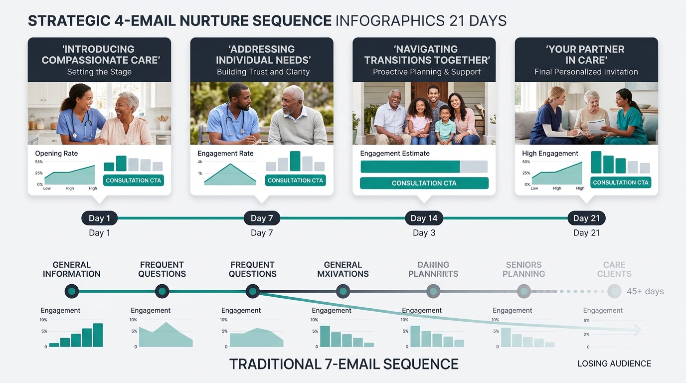 timeline graphic showing the compressed 4-email nurture sequence over 21 days, with engagement rate estimates at each stage and the consultation CTA highlighted in each email, contrasted against a fad
