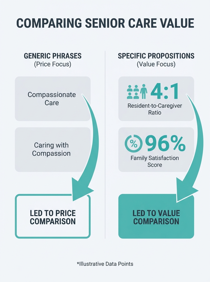 An infographic showing two columns comparing generic senior care homepage phrases like 'compassionate care,' 'caring with compassion,' and 'where compassion meets quality' on the left, versus specific