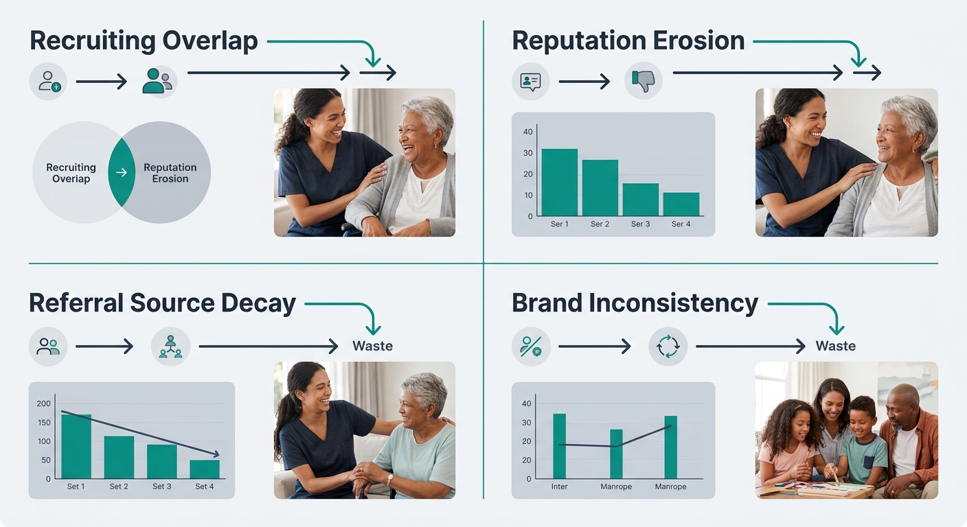 A four-quadrant diagram showing the four marketing budget bleed paths labeled recruiting overlap, reputation erosion, referral source decay, and brand inconsistency, each quadrant containing icons and