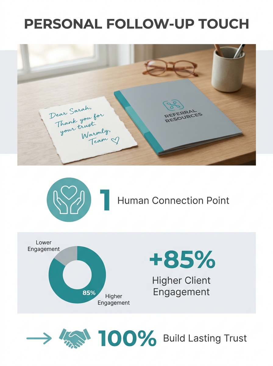 A handwritten thank-you note next to a branded referral folder on a desk, conveying personal touch in follow-up communications