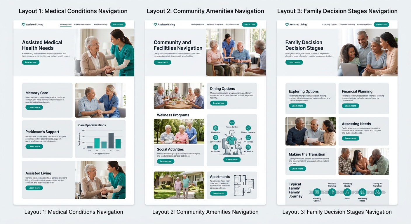 A side-by-side visual comparison of three assisted living website homepage layouts, one organized by medical conditions, one by community amenities, and one by family decision stages, showing the diff