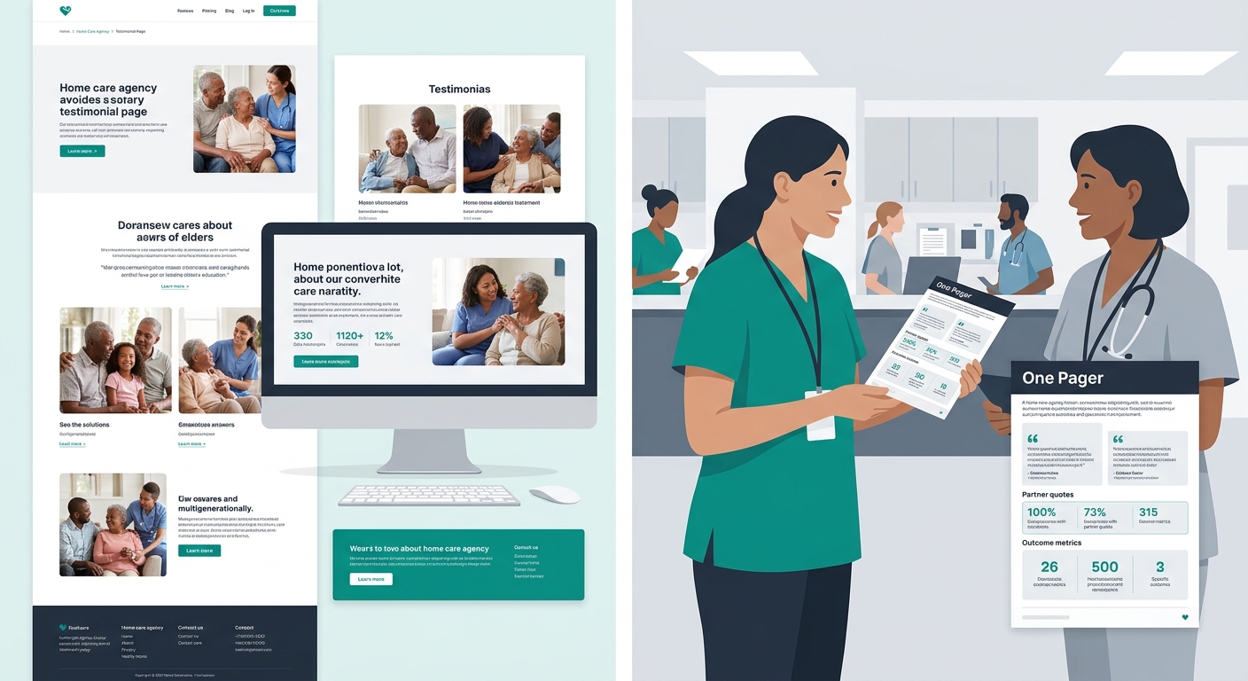 A split-screen illustration showing a home care agency testimonial page on a website where families browse on the left, and a liaison handing a one-pager with partner quotes and outcome metrics to a d