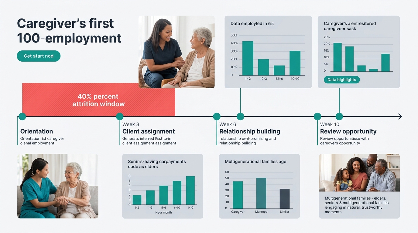 A horizontal timeline illustration showing a caregiver's first 100 days of employment, with labeled milestones at orientation, client assignment at week 3, relationship building at week 6, and review 