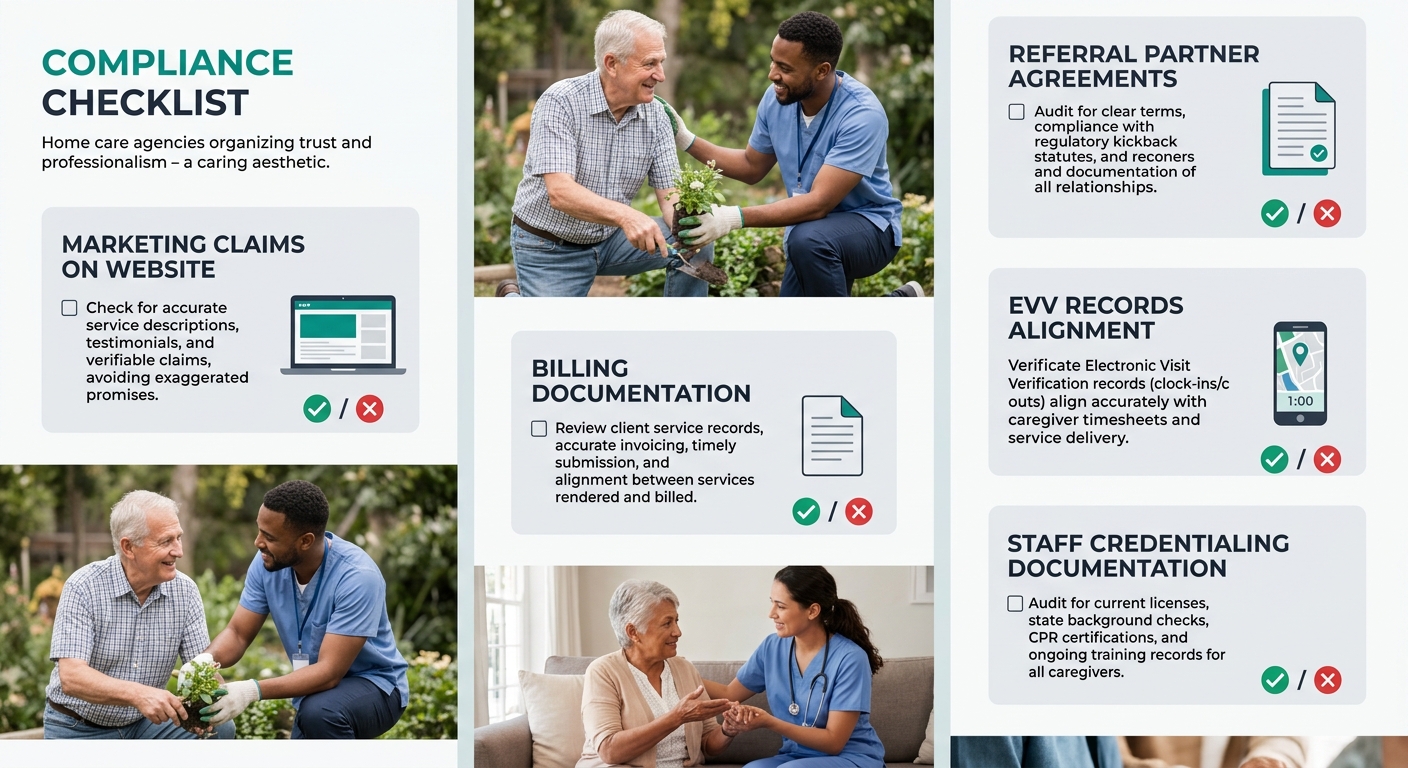 A compliance checklist visual showing key areas home care agencies should audit — marketing claims on website, referral partner agreements, billing documentation, EVV records alignment, and staff cred