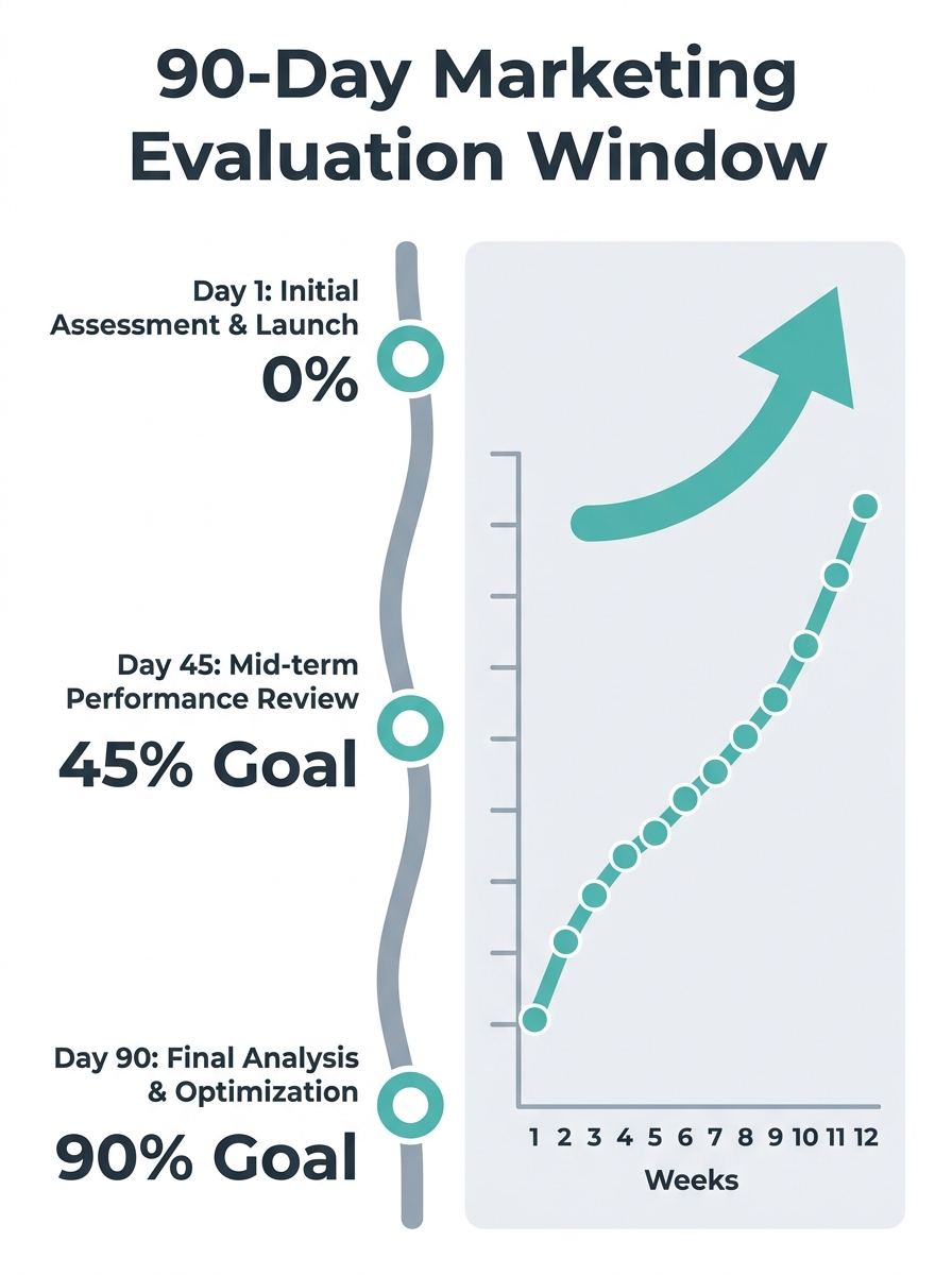 a simple timeline graphic showing a 90-day evaluation window for marketing channels, with weekly data points plotted on a line chart and a trendline arrow curving upward