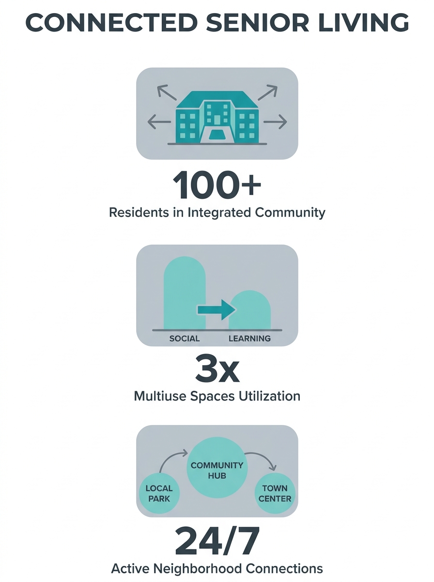 Architectural rendering of simplified senior living community with multiuse spaces and community connections