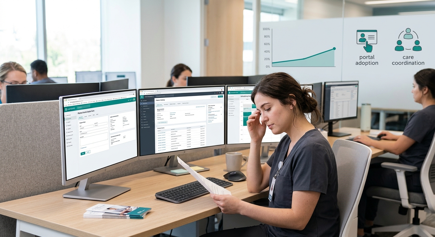 a hospital discharge planner at a desk with multiple computer screens showing different software systems, illustrating the software fatigue that reduces portal adoption rates