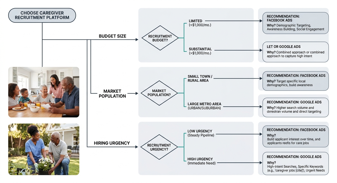 A flowchart decision tree for choosing between Facebook and Google Ads for caregiver recruitment, with branches for budget size, market population, and hiring urgency leading to specific platform allo